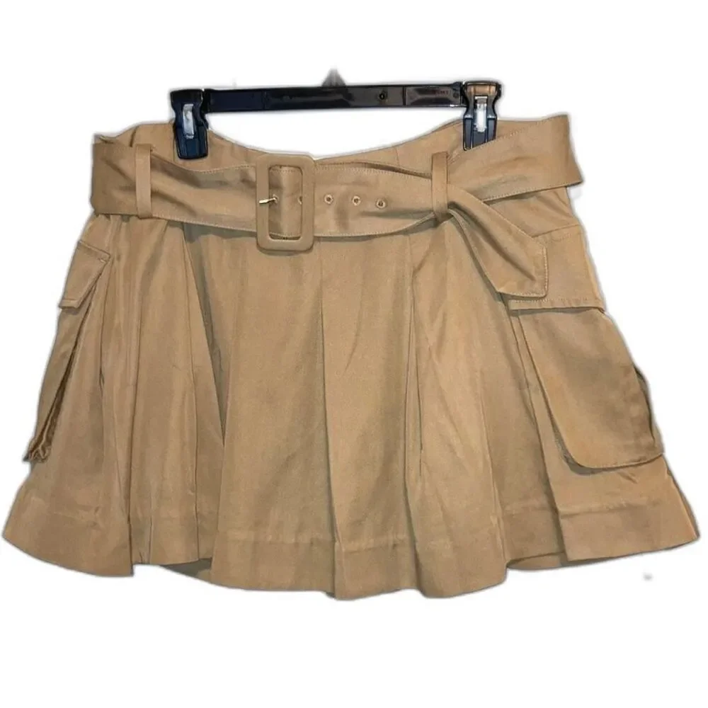 REFORMATION Brinley Belted Pleated Cargo Skirt Khaki Belt Pockets Zipper Size 12